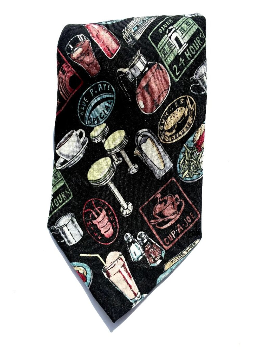 VTG Nicole Miller Men’s Silk Necktie, Diner Print, Black base, 1996